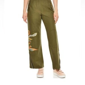 Sandro Olive Wide Leg Pants with Embroidery